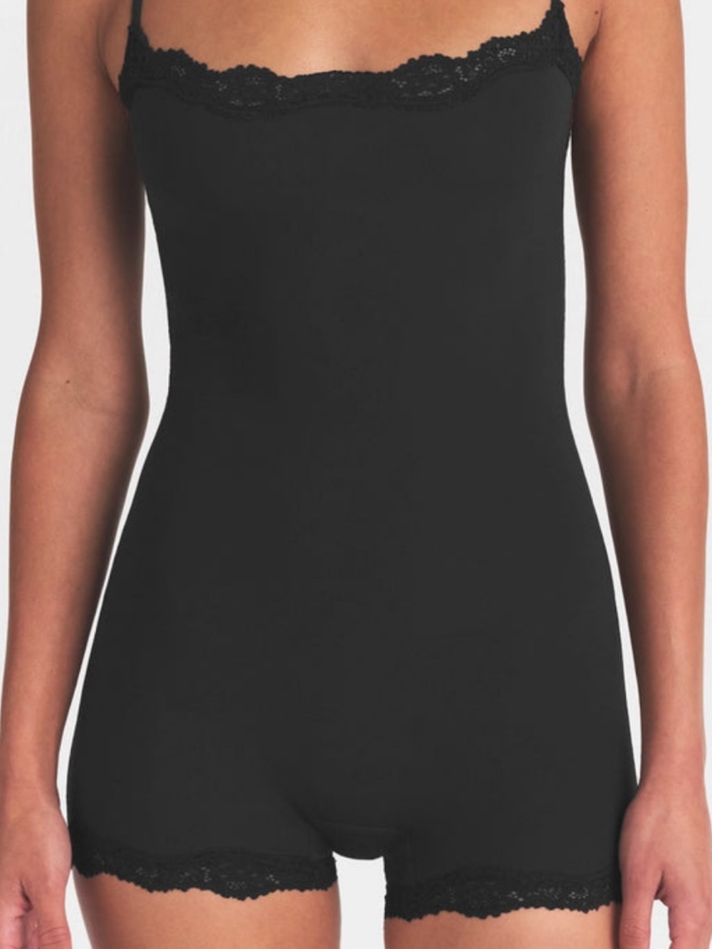 SKIMS Black Lace-Trim Shaping Romper Bodysuit